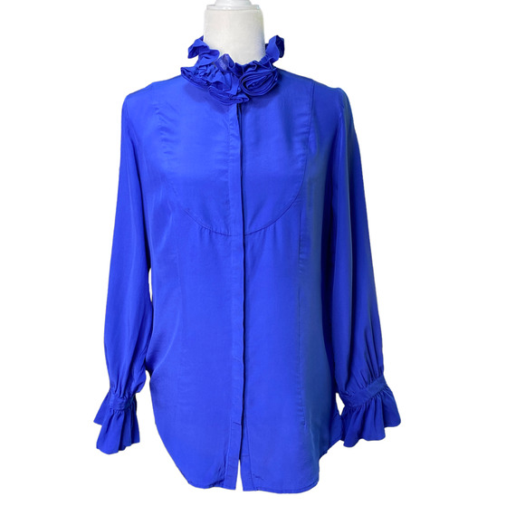 SOFT SURROUNDINGS | sz M Womens Blue Ruffle Collar Silk Button Down Shirt - Picture 1 of 4